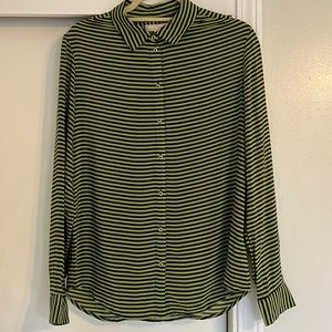 Banana Republic SILK navy/ dark lime green stripe blouse